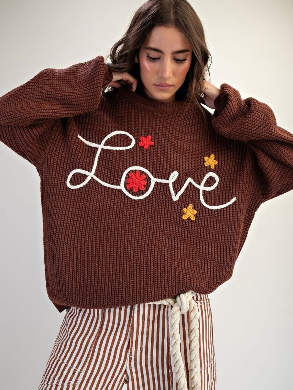 6-0908 Chocolate Brown 'Love' Fall Flower Crochet Knit Sweater